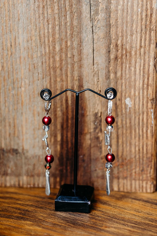 Sterling Silver, Red Raw Pearl and Hematite Glass Beaded Earrings