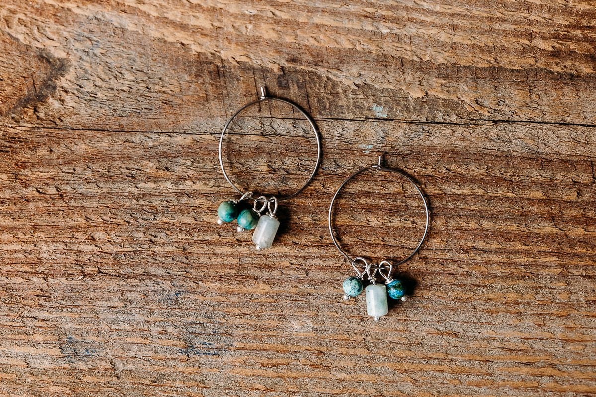 Sterling Silver Hoops with Turquoise and Jade pendants