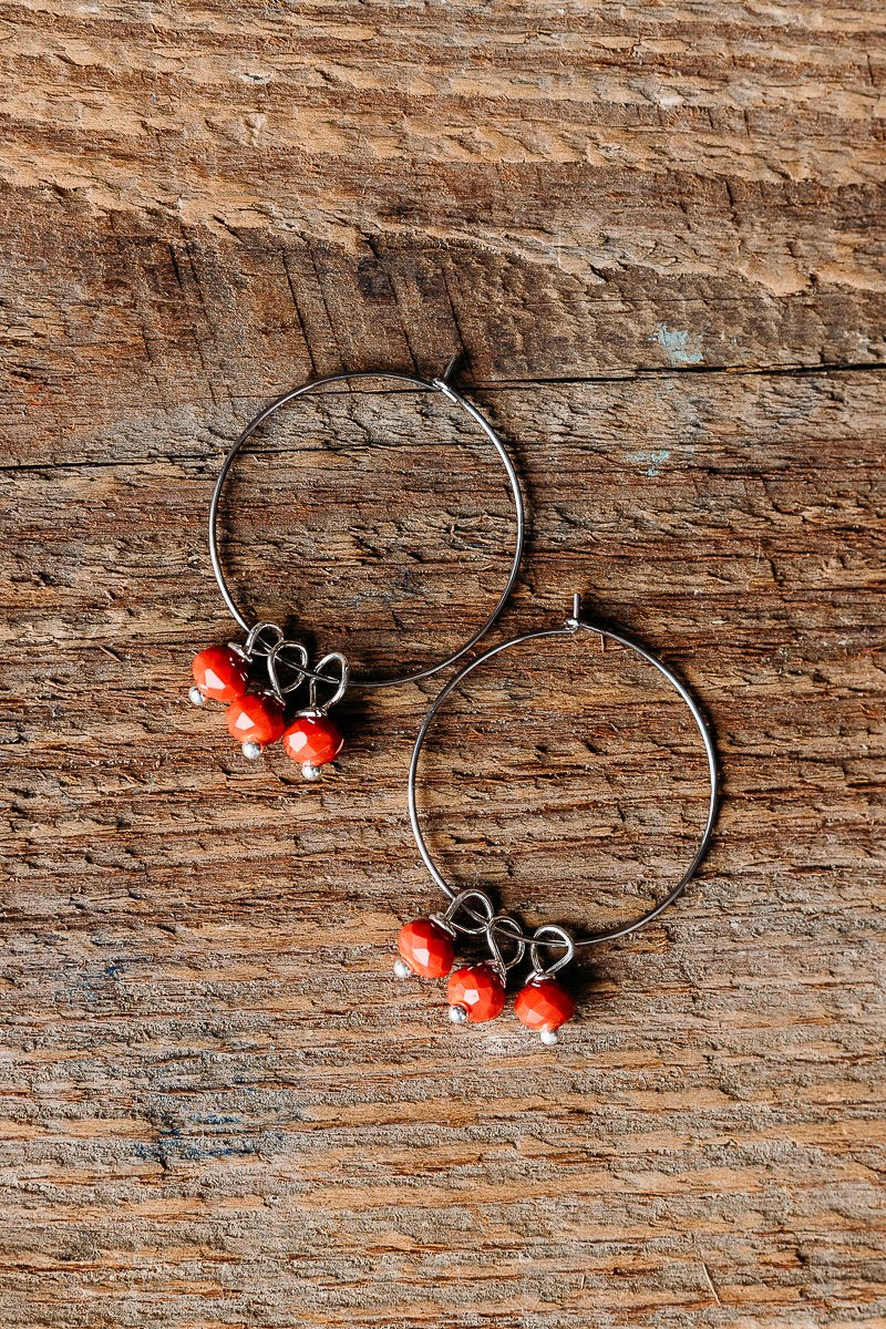Sterling Silver Hoops with Red Coral Glass Beads