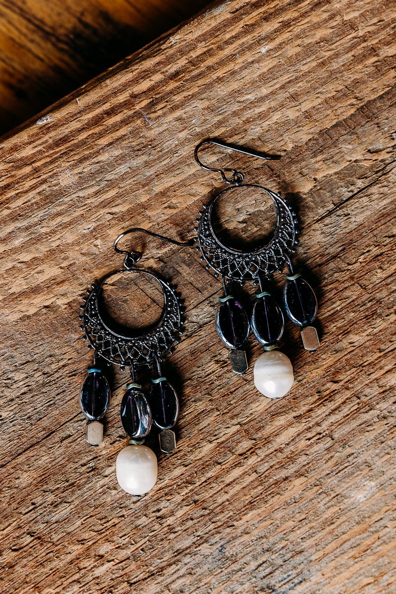 Black Oxidized Sterling Silver Chandelier earrings with Raw Pearls, Glass beads and sterling beads