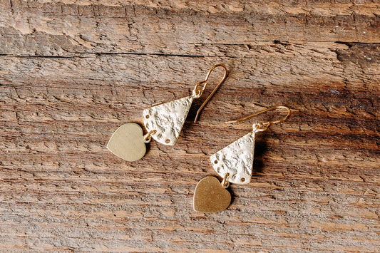 14K Gold Vermeil Hammered earrings with 14K gold hearts