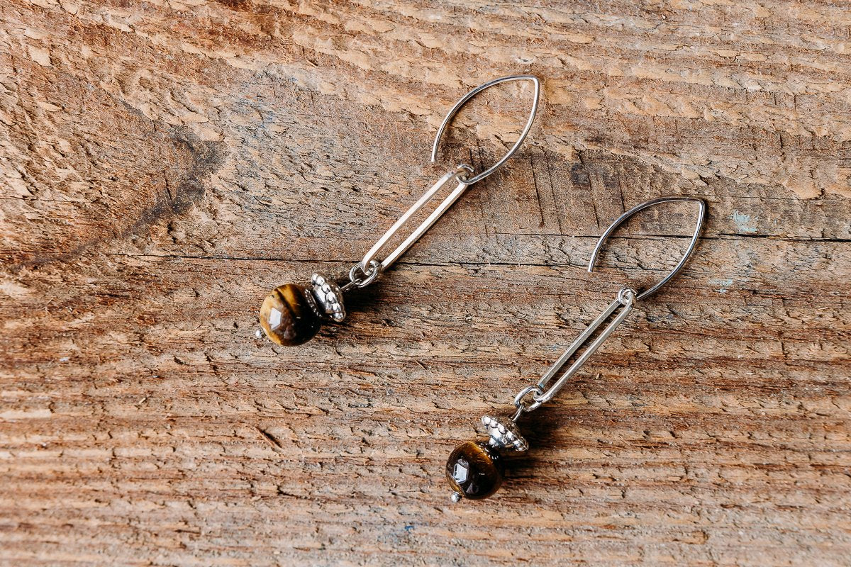 Sterling Silver Paper clip and Tigers eye drop earrings
