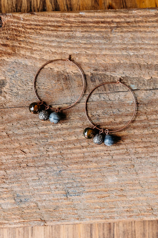 Rose Gold Hoops with Tiger's Eye, Sterling Silver, and Lava Rock Stones