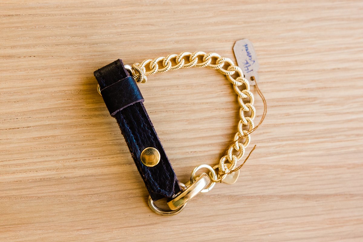 14K Gold Vermeil chained bracelet with choco brown leather wrap