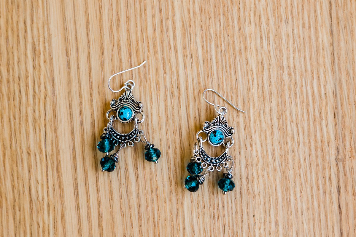 Turquoise, sterling and glass chandelier earrings