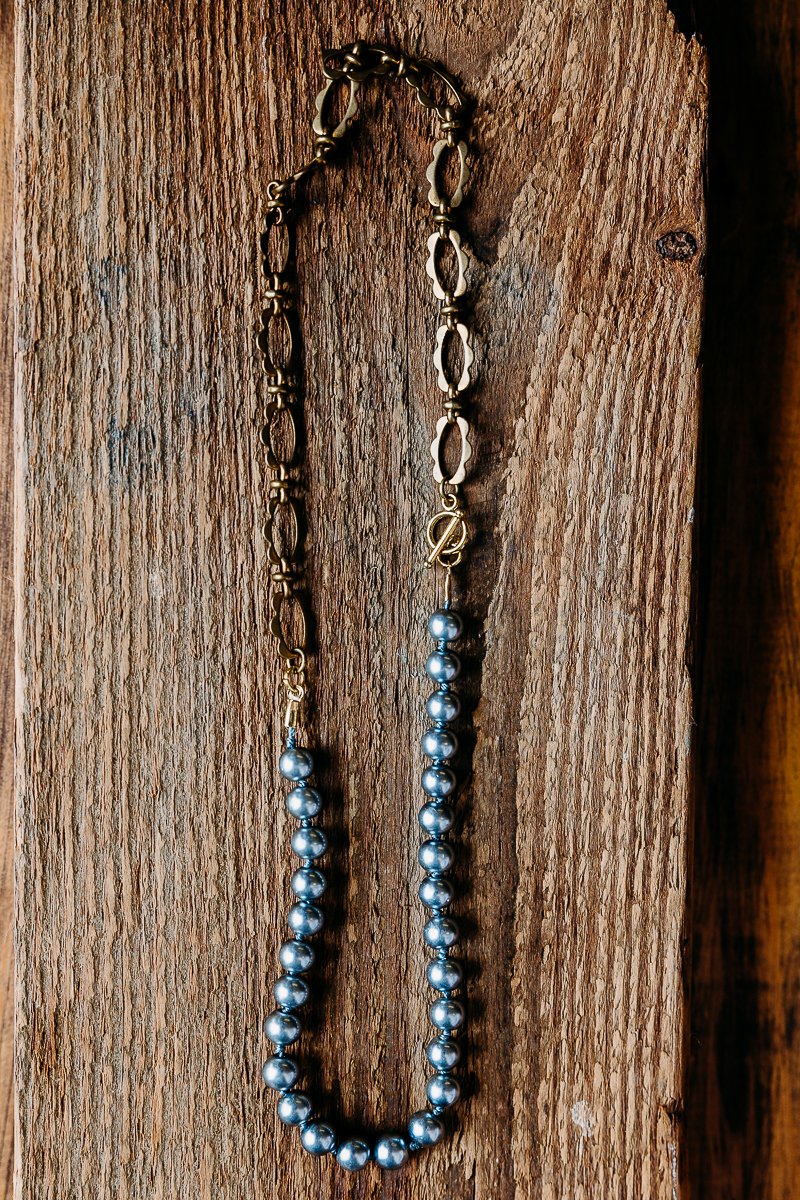 Antiqued Copper chain and Smokey Grey Pearls