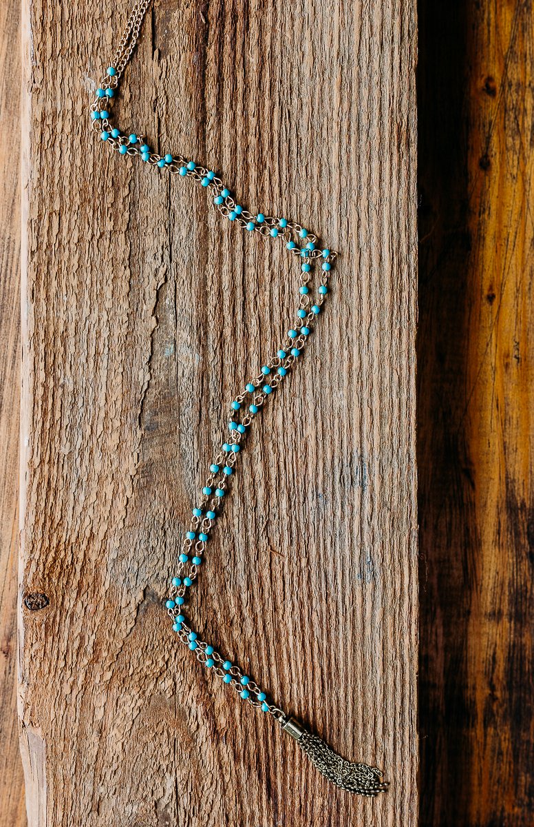 14k Gold Vermeil and Turquoise Beaded Chain with Gold Beaded Tassel