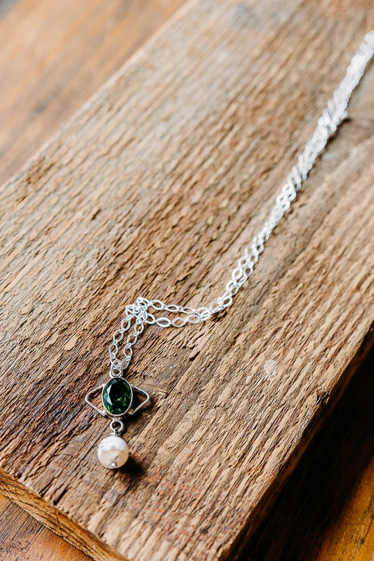 Sterling Silver Necklace with Peridot and Marble Stone, 27 inches