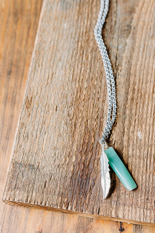 Sterling Silver Antique Finished Necklace with Jade and Sterling Silver Feather pendant