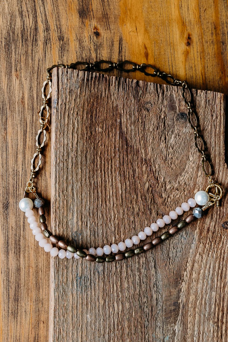 Antiqued Chain, Pink Beach Glass, Pearl, Copper Stoned Necklace