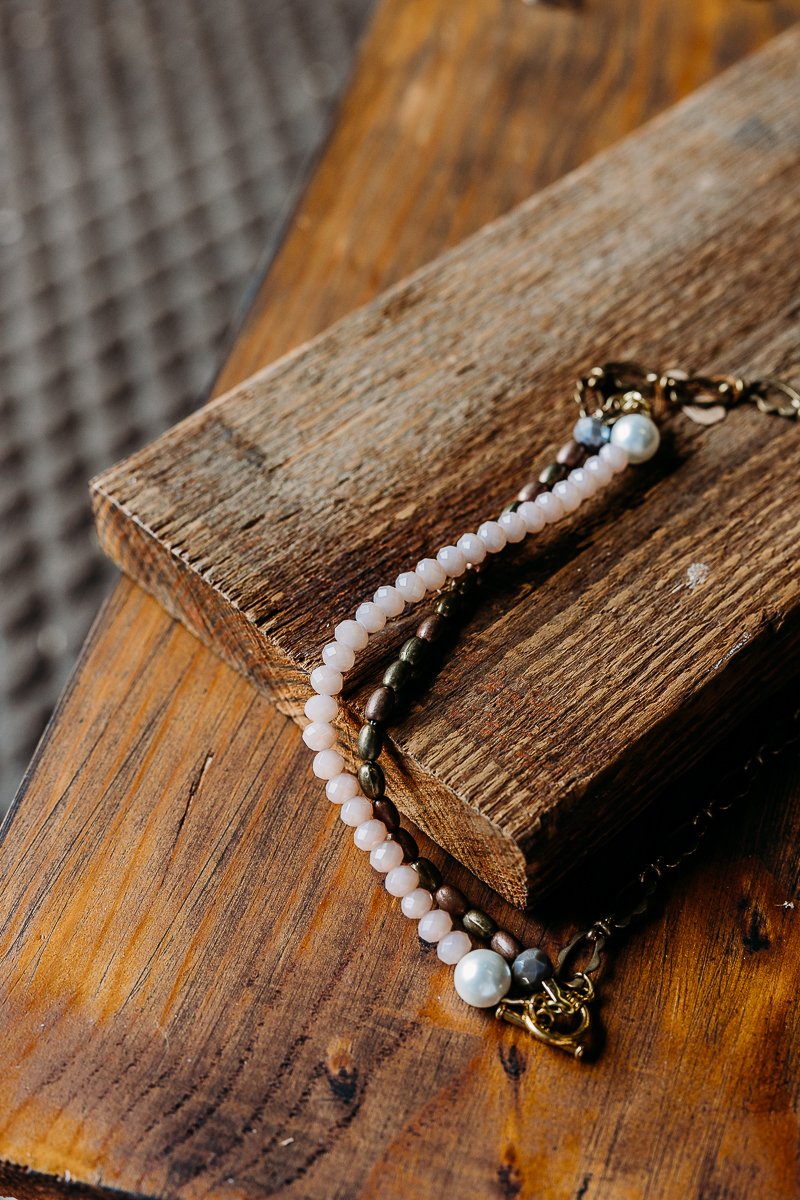 Antiqued Chain, Pink Beach Glass, Pearl, Copper Stoned Necklace