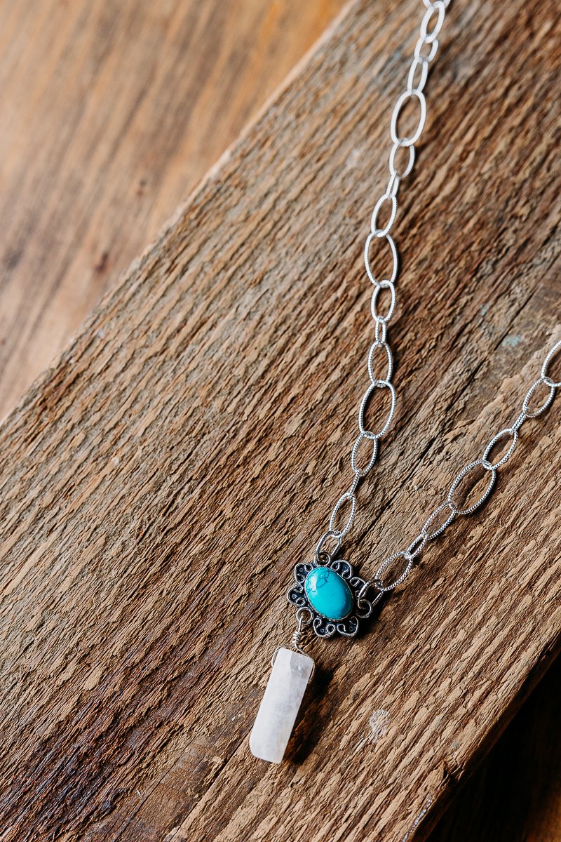 Sterling Silver Chain with Antique Turquoise & Moonstone Pendant