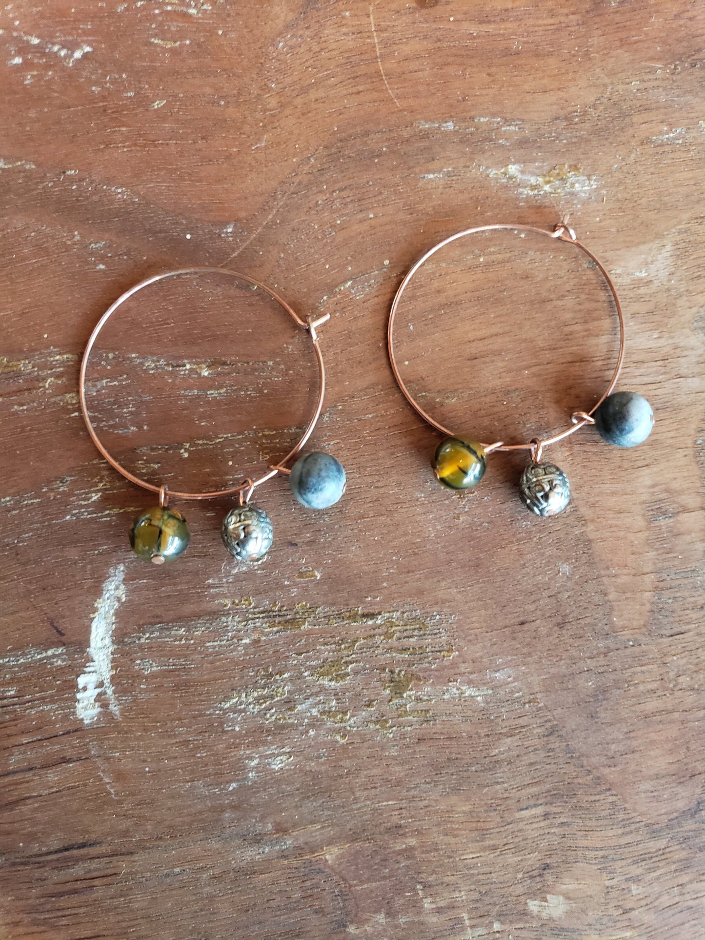 Rose Gold Hoops with Tiger's Eye, Sterling Silver, and Lava Rock Stones