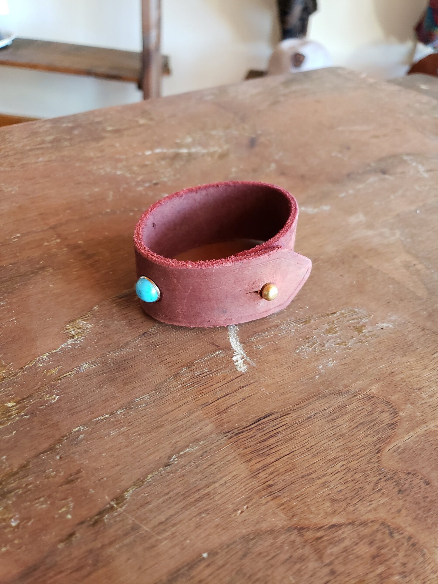 Oxblood Red Leather Band Bracelet with Turquoise Stone