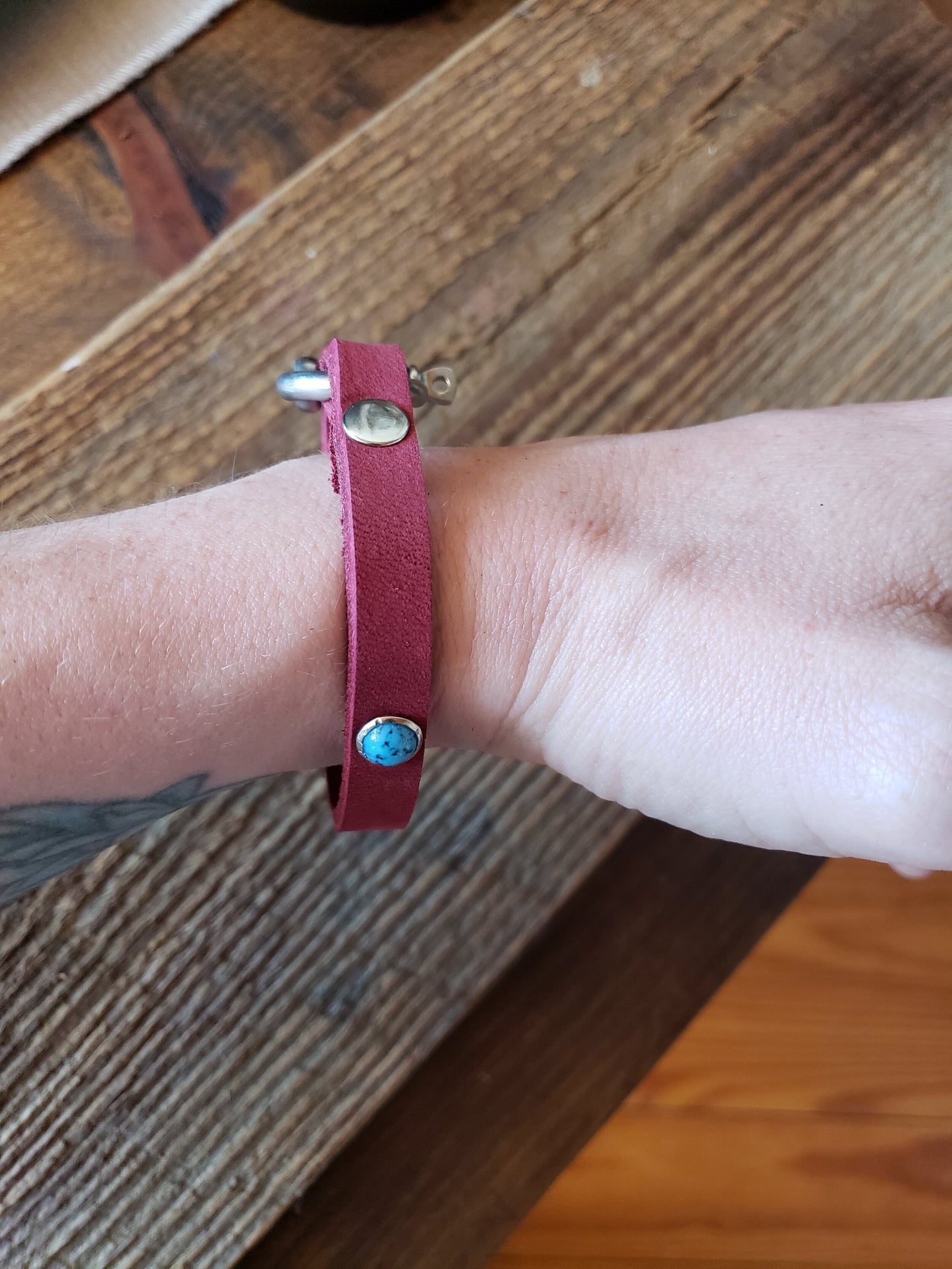 Ox blood red hand dyed leather/ turquoise stone/rivit horse shoe clasp bracelet